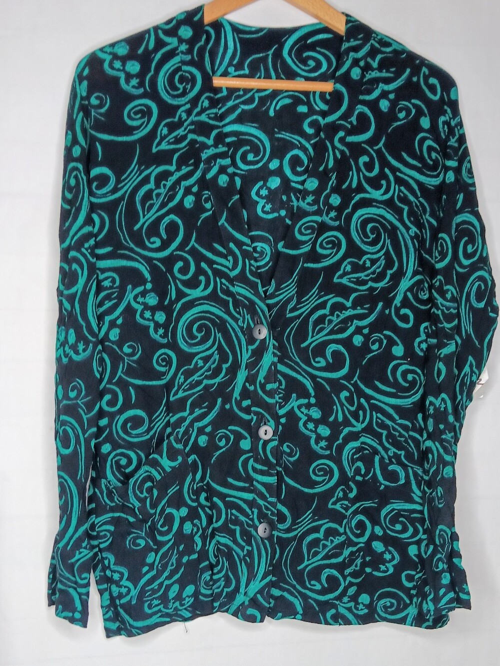 Liz Claiborne 1XL Green Black Long Sleeve Button Down Blouse Faux Linen Womens